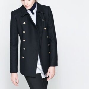 [L]Zara Double Breasted Military Style Wool Blend Pea Coat Blazer in Black